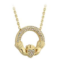 Alternate image for Irish Necklace - Gold Plated Crystal Claddagh Pendant