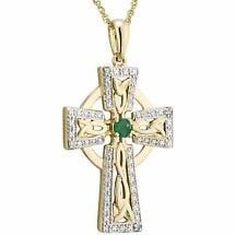 Alternate image for Irish Necklace | 14k Gold Diamond & Emerald Celtic Cross Large Pendant