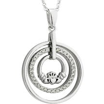 Alternate image for Irish Necklace - Sterling Silver Crystal Round Claddagh Pendant