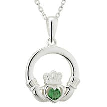 Alternate image for Claddagh Necklace - Sterling Silver Green Crystal Irish Pendant