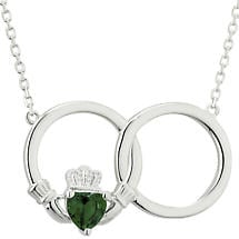Irish Necklace - Sterling Silver Circle Claddagh Crystal Pendant Product Image