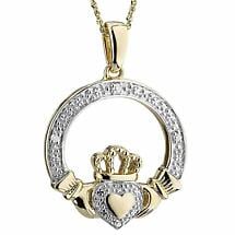 Irish Necklace | 14k Gold Heart Diamond Claddagh Pendant Product Image
