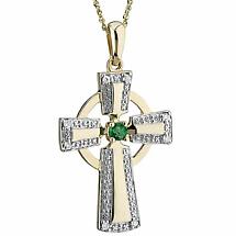 Alternate image for Irish Necklace | 14k Yellow & White Gold Diamond Emerald Celtic Cross Pendant