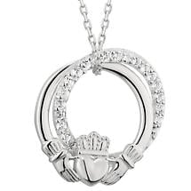 Irish Necklace | Sterling Silver Crystal Circle Claddagh Pendant Product Image