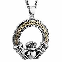 Mens Irish Jewelry | Sterling Silver & 10k Gold Celtic Claddagh Pendant Product Image
