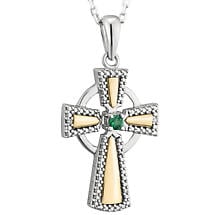 Irish Necklace | 10k White & Yellow Gold Diamond & Emerald Celtic Cross Pendant Product Image