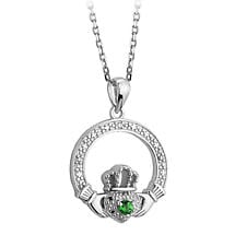 Alternate image for Irish Necklace | Sterling Silver Green Crystal Illusion Claddagh Pendant