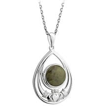 Alternate image for Irish Necklace | Sterling Silver Connemara Marble Dome Claddagh Pendant