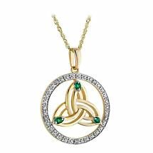 Alternate image for Irish Necklace | 14k Gold Diamond and Emerald Circle Trinity Knot Pendant