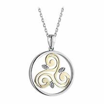 Alternate image for Irish Necklace | Diamond Sterling Silver and 10k Yellow Gold Round Celtic Spiral Triskele Pendant