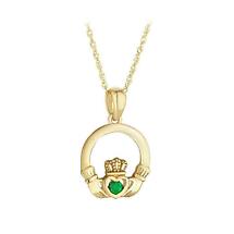 Irish Necklace | 9k Gold Green Crystal Claddagh Pendant Product Image