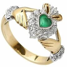 Claddagh Ring - Ladies 10k Gold CZ and Green Agate Irish Ring Product Image