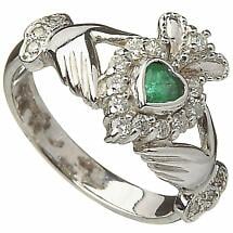 Irish Wedding Ring - Ladies 10k White Gold Emerald and Diamond Claddagh Ring Product Image
