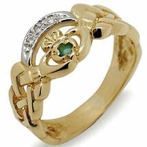 Irish Wedding Ring - 10k Gold Ladies Celtic Band with CZ and Emerald Claddagh Product Image
