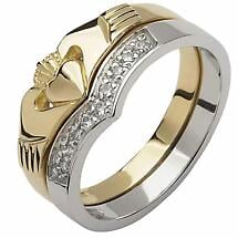 Alternate image for Irish Wedding Band - 10k Yellow and White Gold Diamond Wishbone Ladies Claddagh Ring