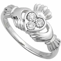 Alternate image for Claddagh Ring - Ladies Irish Claddagh Ring 14k White Gold with 3 Diamonds