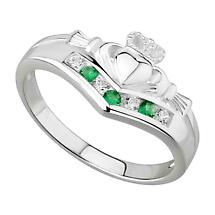 Alternate image for Claddagh Ring - Ladies Sterling Silver with CZ and Emerald Claddagh Wishbone