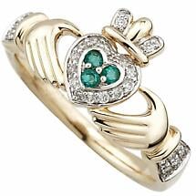 Irish Ring - Ladies 14k Gold Emerald and Diamond Encrusted Claddagh Ring Product Image