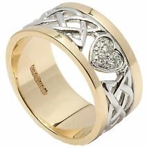 Celtic Ring - Ladies 14k White Gold with Yellow Gold Trim Diamond Encrusted Heart Wedding Band Product Image