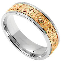 Celtic Ring - Men's Sterling Silver with 10k Yellow Gold Wide Celtic Warrior Shield Irish Wedding Band Product Image