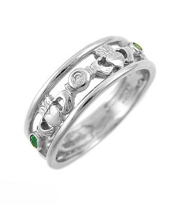 ... 14k White Gold Claddagh with Emeralds and Diamonds Irish Wedding Ring