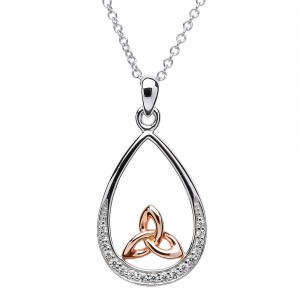 Trinity Knot Pendant - Sterling Silver Trinity Knot Stone Set Rose Gold Plated Pendant
