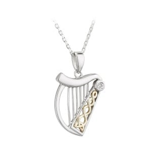 ijsv46184-irish-necklace-diamond-silver-10k-gold-celtic-harp-pendant