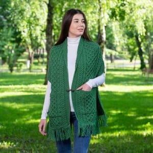 Ladies Merino Wool Aran Knit Shawl with Pockets | IrishShop.com