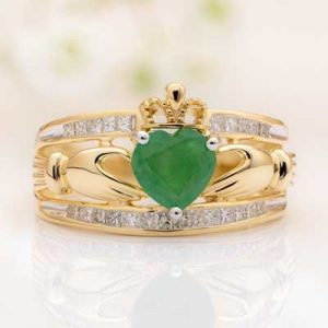 14k Gold Emerald & Diamond Irish Claddagh Ring