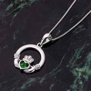Claddagh Necklace - Sterling Silver Green Crystal Irish Pendant