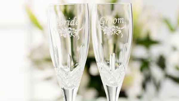 Galway Irish Crystal | Bride & Groom Flute Floral Spray Pair