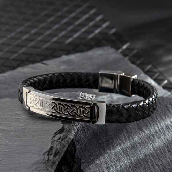 Mens Stainless Steel Celtic Knot Black Leather Bracelet