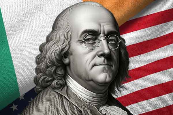 Rendering of Benjamin Franklin in front of Irish & US flags. 