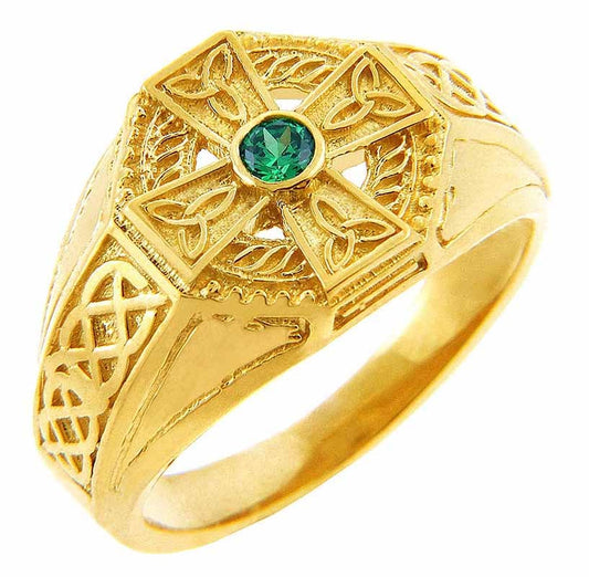 Celtic Ring - Men's Yellow Gold Celtic Cross Ring with Emerald Stone Center