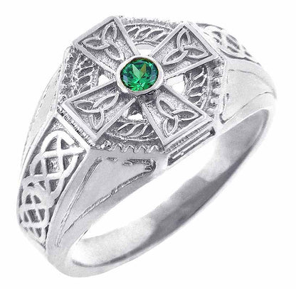Celtic Ring - Men's Yellow Gold Celtic Cross Ring with Emerald Stone Center