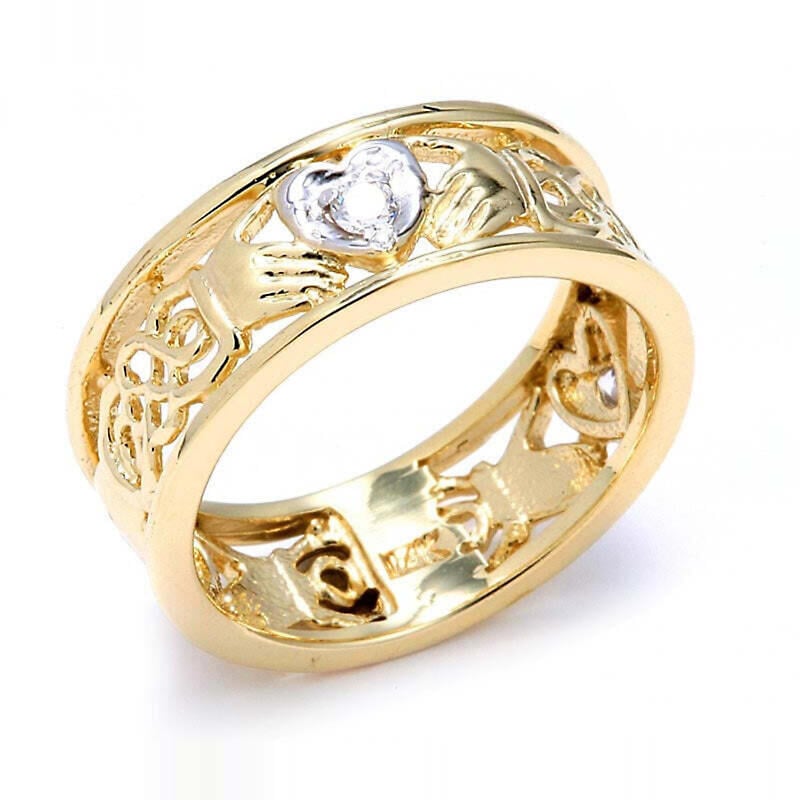 claddagh ring - two-tone gold diamond claddagh wedding band with celtic knot