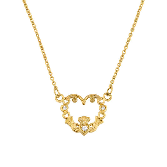 Claddagh Necklace - 14k Yellow Gold Diamond Claddagh Necklace