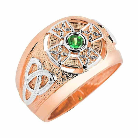 Celtic Ring - Men's Two Tone Rose Gold Celtic Green Emerald CZ Ring