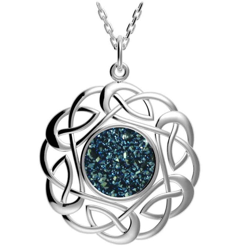 Celtic Necklace - Sterling Silver Round Celtic Knot Drusy Pendant Blue