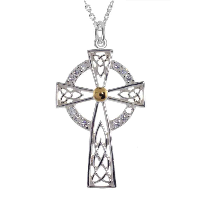 Irish Necklace | Sterling Silver with White CZ Stones High Cross Celtic Pendant
