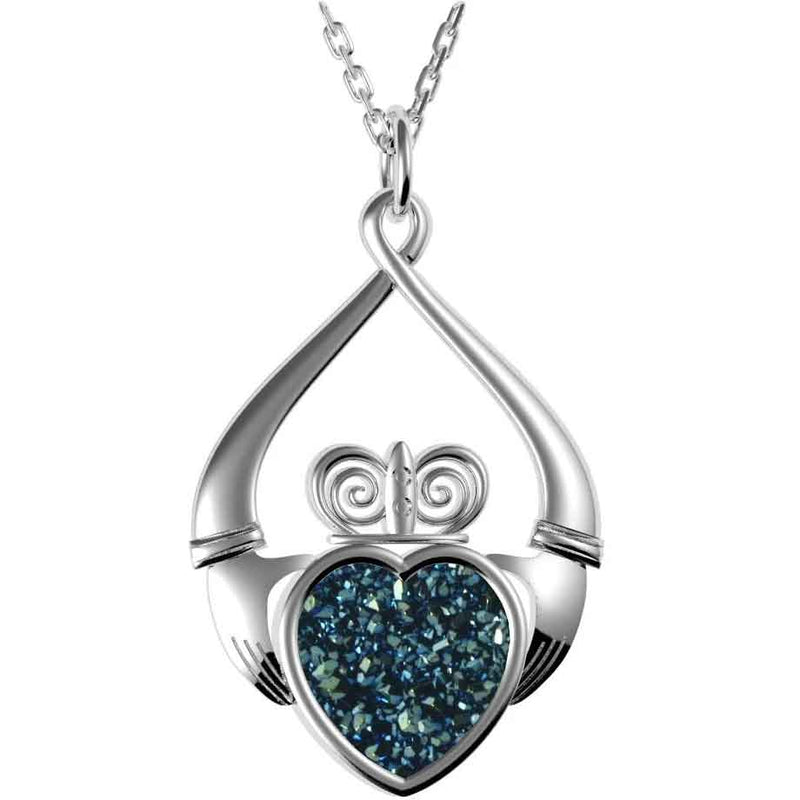 Irish Necklace - Sterling Silver Claddagh Drusy Pendant Blue
