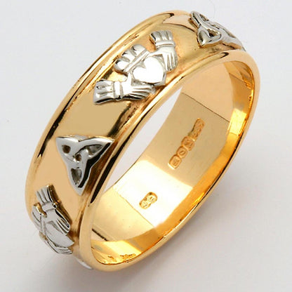 Irish Wedding Ring - Men's Gold Two Tone Claddagh Trinity Knot Wide Wedding Band