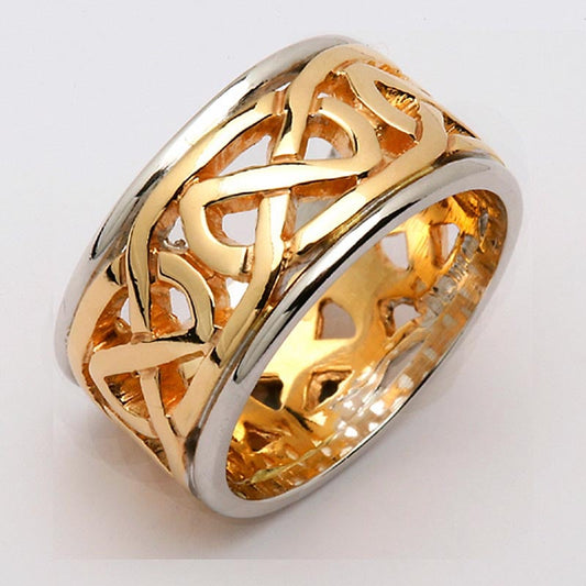 Irish Wedding Ring - Ladies Celtic Knot Wide Pierced Sheelin Wedding Band Yellow Gold with White Gold Rims