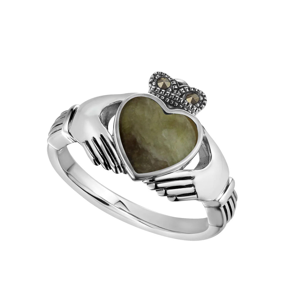 ladies sterling silver marcasite irish connemara marble claddagh ring on a white background