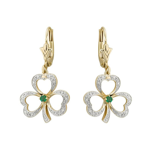 Shamrock Earrings - 14k Gold with Diamonds and Emerald Shamrock Drop Earrings