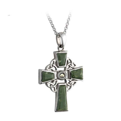 Celtic Pendant - Sterling Silver and Connemara Marble Celtic Cross Pendant with Chain