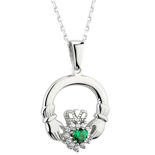 Irish Necklace - Sterling Silver with Green Agate and CZ Claddagh Pendant with Chain
