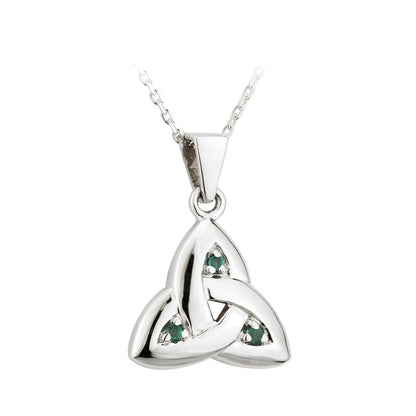 Irish Necklace - 14k White Gold Trinity Knot with Emeralds Pendant with Chain