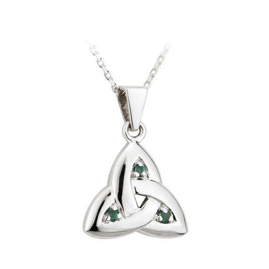 Irish Necklace - 14k White Gold Trinity Knot with Emeralds Pendant with Chain