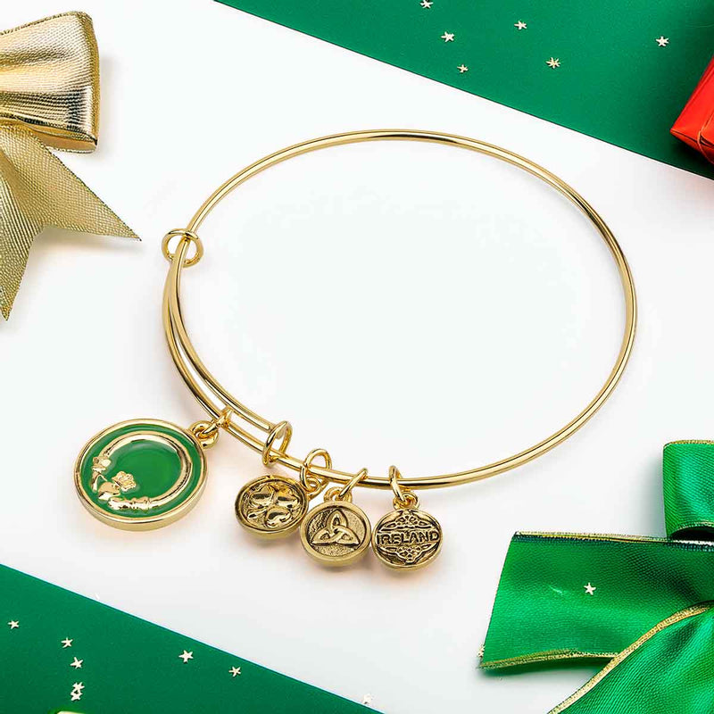 Irish Bracelet | Claddagh Irish Symbols Charm Celtic Bangle on a white background with green ribbons and bows.
